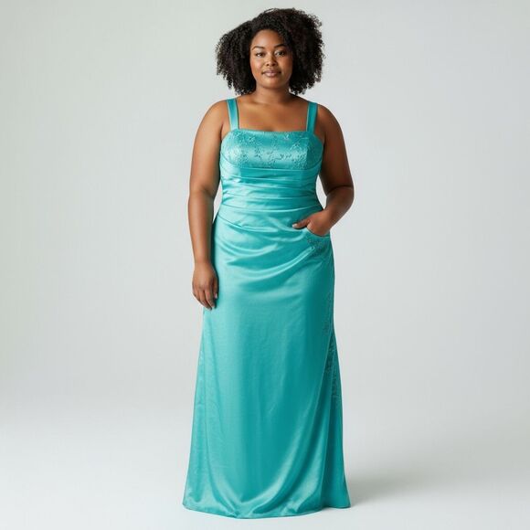 ONYX Nite Sleeveless Solid Blue Wrap Long Prom Dress with beading size 14W - Picture 1 of 16